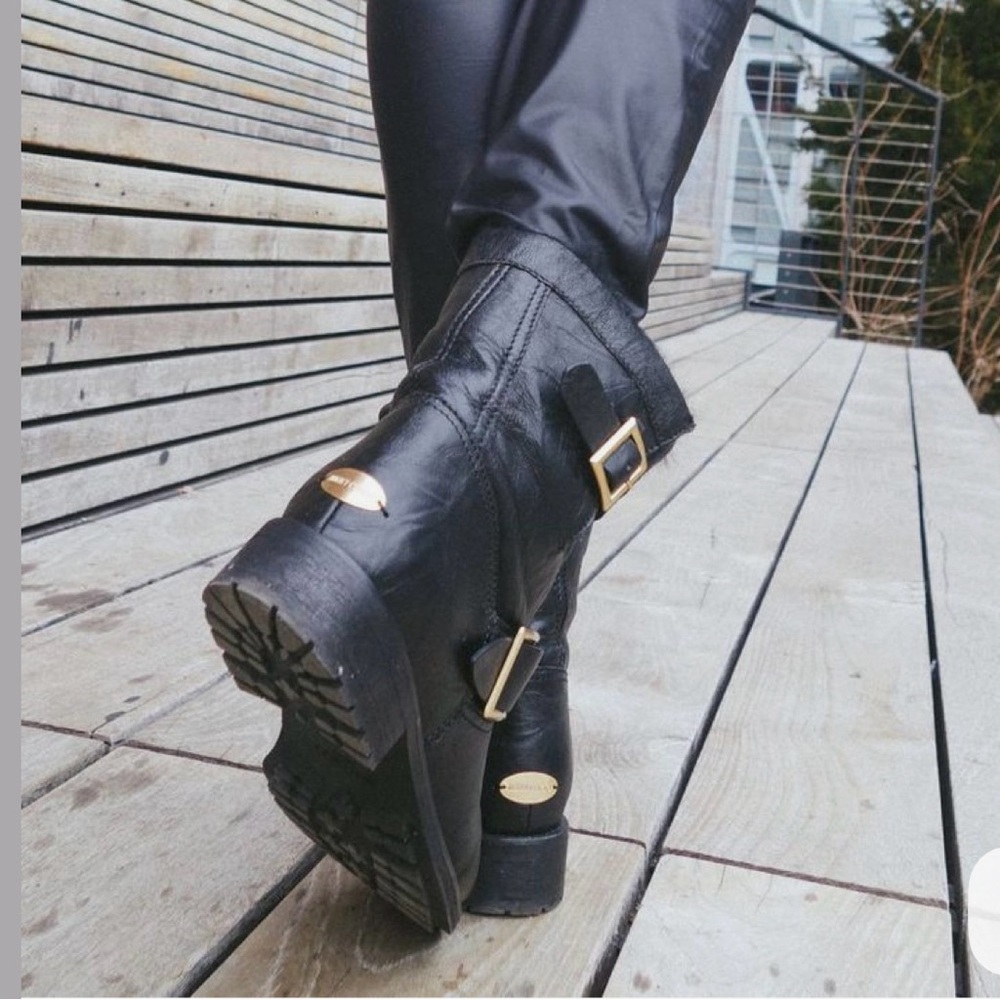 JIMMY CHOO Black Leather Combat Chunky Goth Punk Moto Buckled Boots Size 35